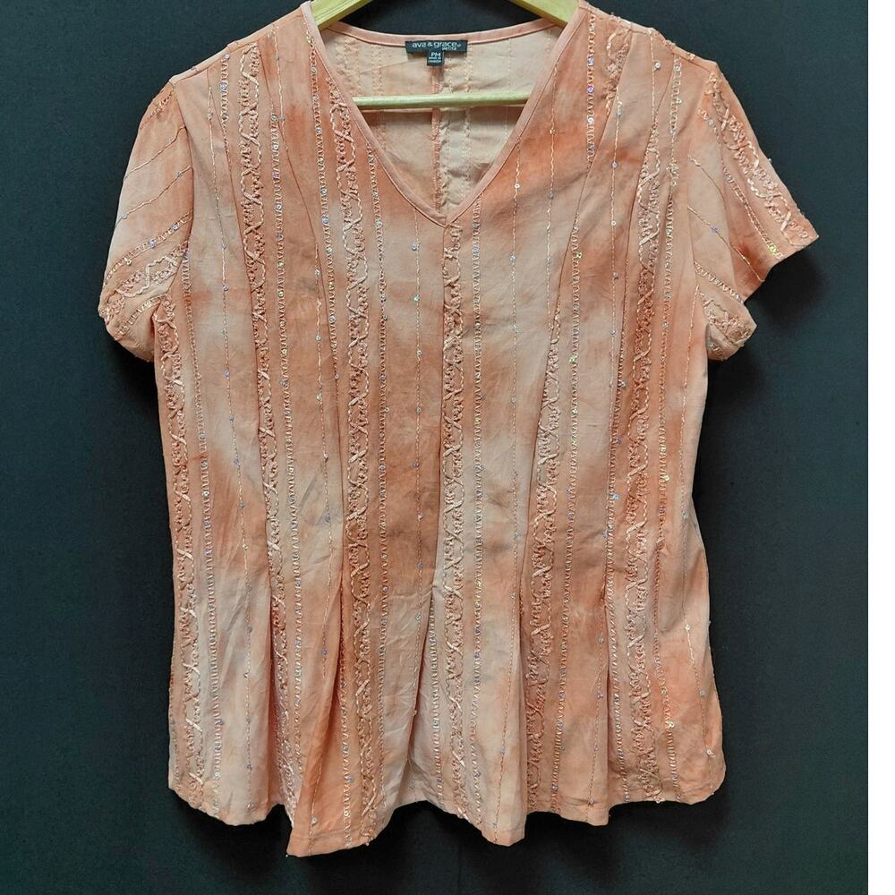 ava & grace petite Embroidered Top Orange Solid Short Sleeve Women Size PM
